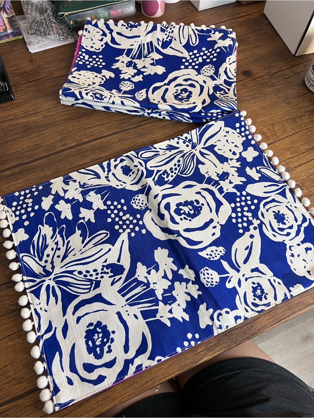 The Pioneer Woman Blue and White Floral Placemat Set with Pom Trim- Set of 4